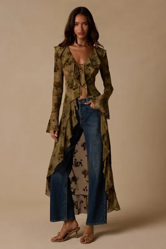 Winifred Olive Sheer Mesh Jacquard Lace-Up Duster Top made by Lulus