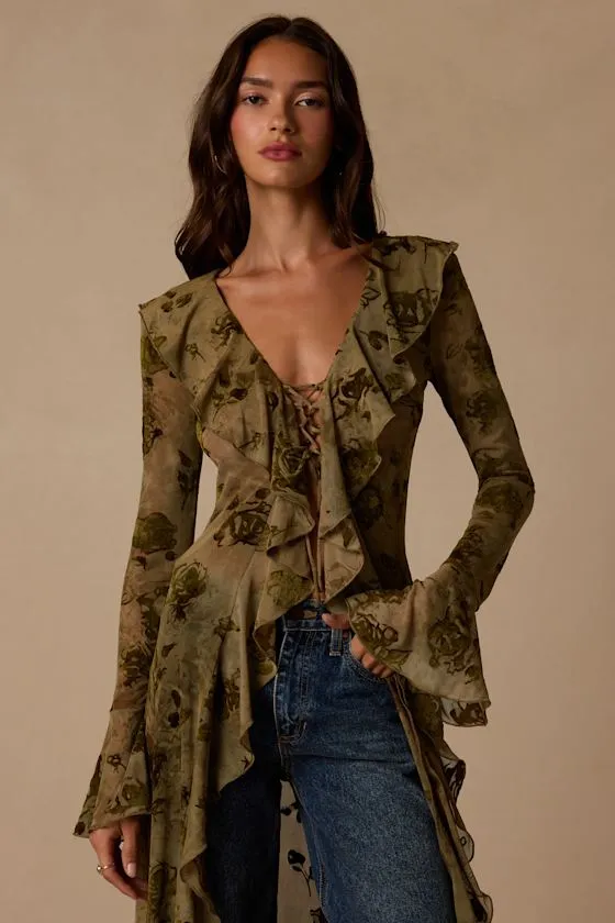 Winifred Olive Sheer Mesh Jacquard Lace-Up Duster Top sold by Lulus product image thumbnail 2