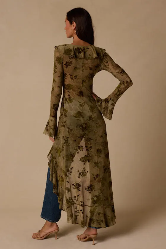 Winifred Olive Sheer Mesh Jacquard Lace-Up Duster Top sold by Lulus product image thumbnail 3
