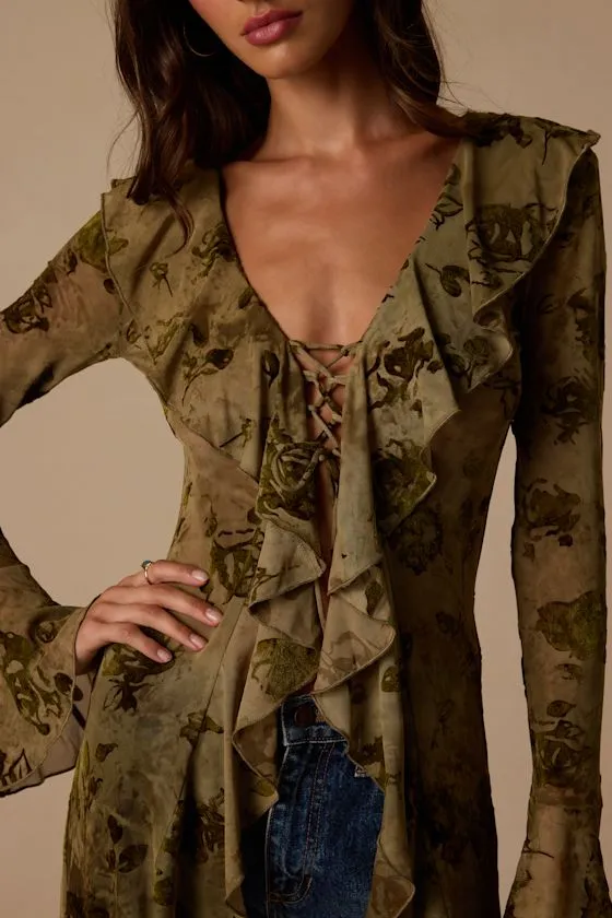 Winifred Olive Sheer Mesh Jacquard Lace-Up Duster Top sold by Lulus product image thumbnail 4