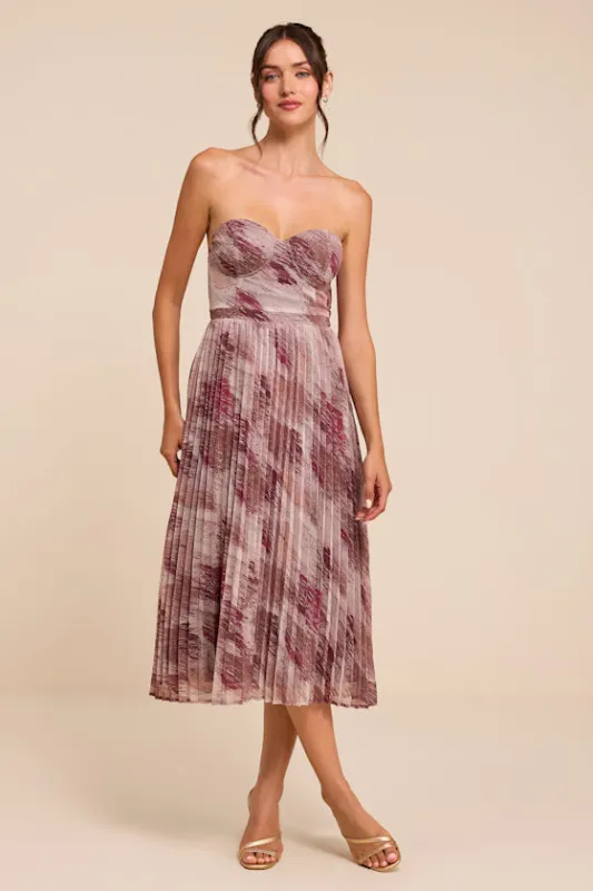 Juniva Mauve Multi Abstract Print Pleated Bustier Midi Dress made by Lulus