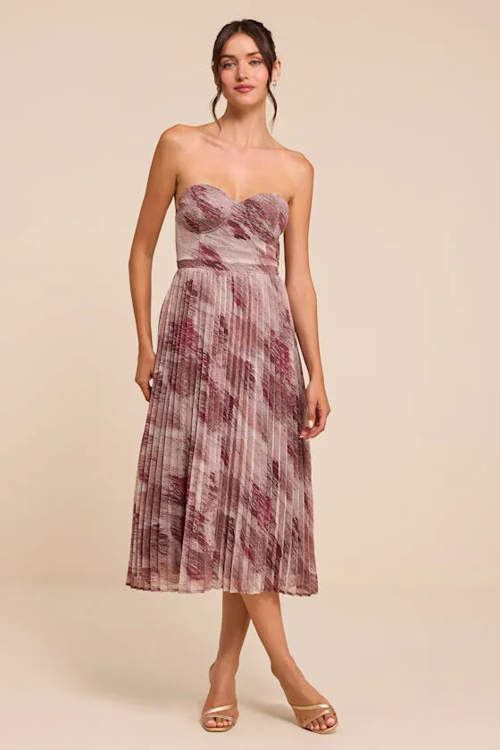 Juniva Mauve Multi Abstract Print Pleated Bustier Midi Dress sold by Lulus