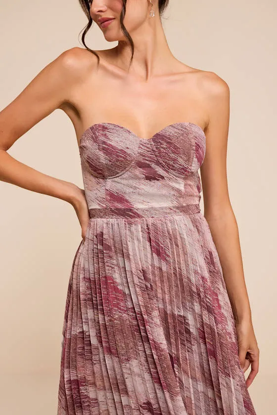 Juniva Mauve Multi Abstract Print Pleated Bustier Midi Dress sold by Lulus product image thumbnail 2