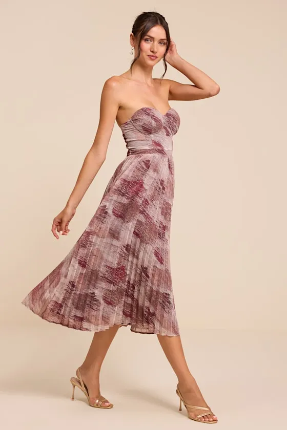 Juniva Mauve Multi Abstract Print Pleated Bustier Midi Dress sold by Lulus product image thumbnail 4