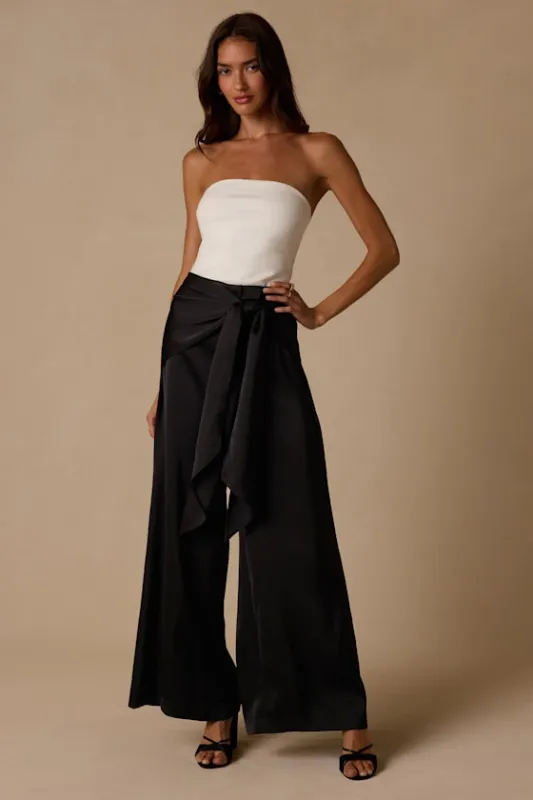 Ivaya Black Satin Sash Wide-Leg Pants made by Lulus
