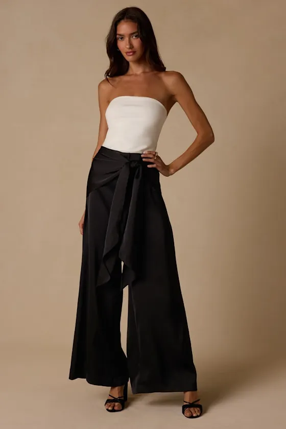 Ivaya Black Satin Sash Wide-Leg Pants sold by Lulus