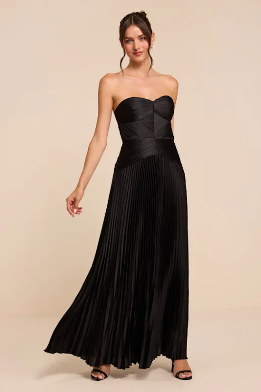 Elkay Black Pleated Satin Drop Waist Maxi Dress made by Lulus