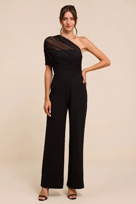 Kimia Black Mesh Asymmetrical Jumpsuit made by Lulus