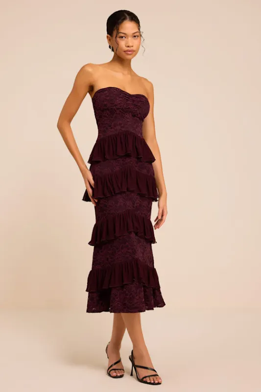Mariena Plum Lace Tiered Midi Dress made by Lulus
