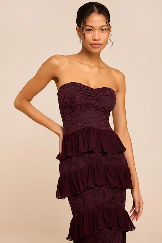 Mariena Plum Lace Tiered Midi Dress sold by Lulus product image thumbnail 2