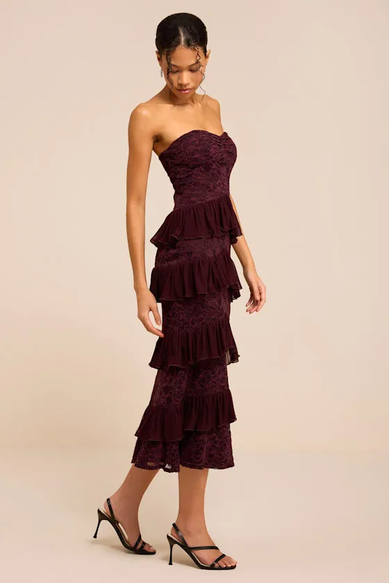 Mariena Plum Lace Tiered Midi Dress sold by Lulus product image thumbnail 4