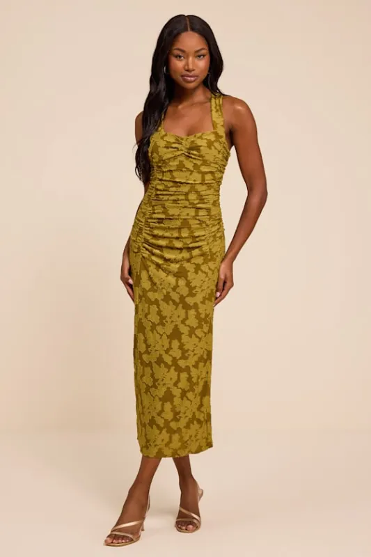Delena Olive Jacquard Ruched Halter Midi Dress made by Lulus