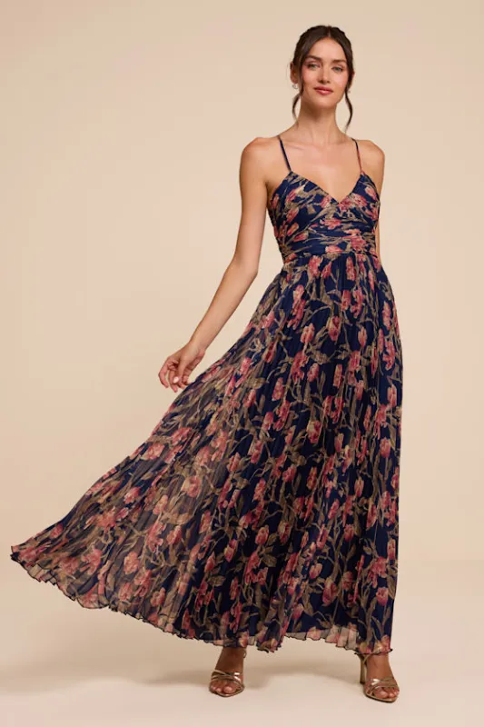 Rebena Navy Multi Floral Pleated Maxi Dress made by Lulus