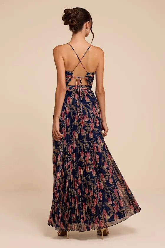 Rebena Navy Multi Floral Pleated Maxi Dress sold by Lulus product image thumbnail 3