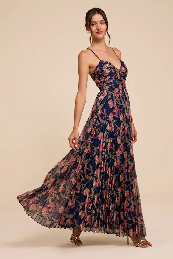 Rebena Navy Multi Floral Pleated Maxi Dress sold by Lulus product image thumbnail 4