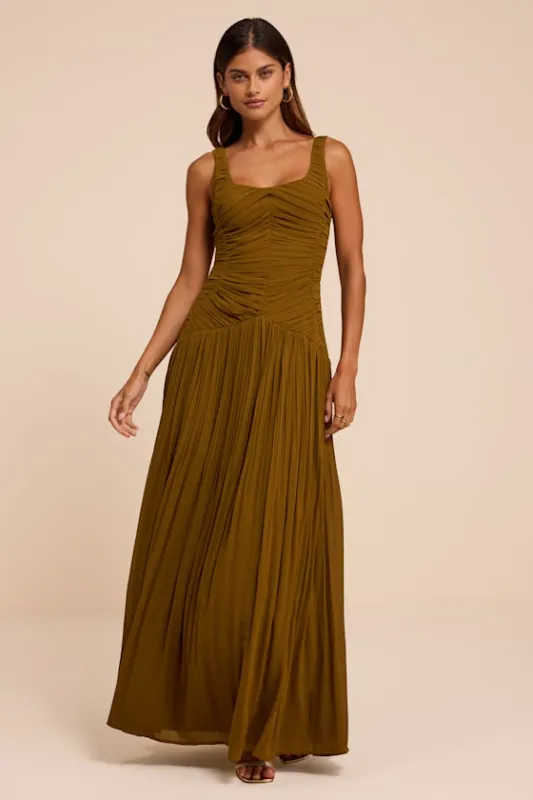 Rhonda Olive Pleated Drop Waist Maxi Dress made by Lulus