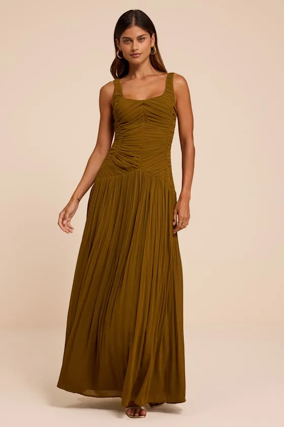 Rhonda Olive Pleated Drop Waist Maxi Dress sold by Lulus