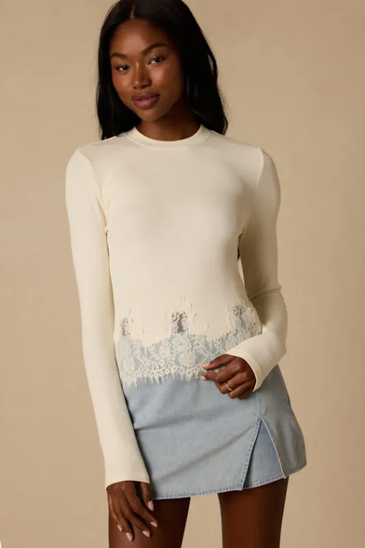 Clarise Ivory Ribbed Knit Lace Long Sleeve Top made by Lulus