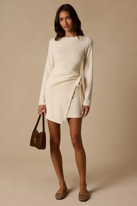Winnie Cream Ribbed Knit Wrap Sweater Mini Dress sold by Lulus product image thumbnail 4