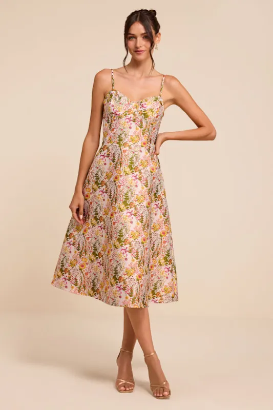 Emmaline Cream Multi Jacquard Lace-Up Midi Dress made by Lulus