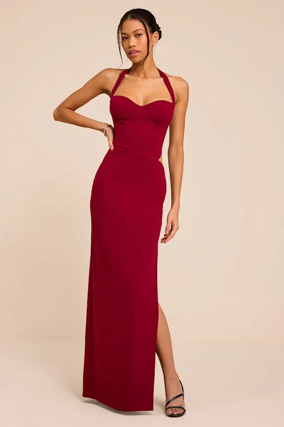 Irisa Wine Red Crepe Knit Column Maxi Dress sold by Lulus