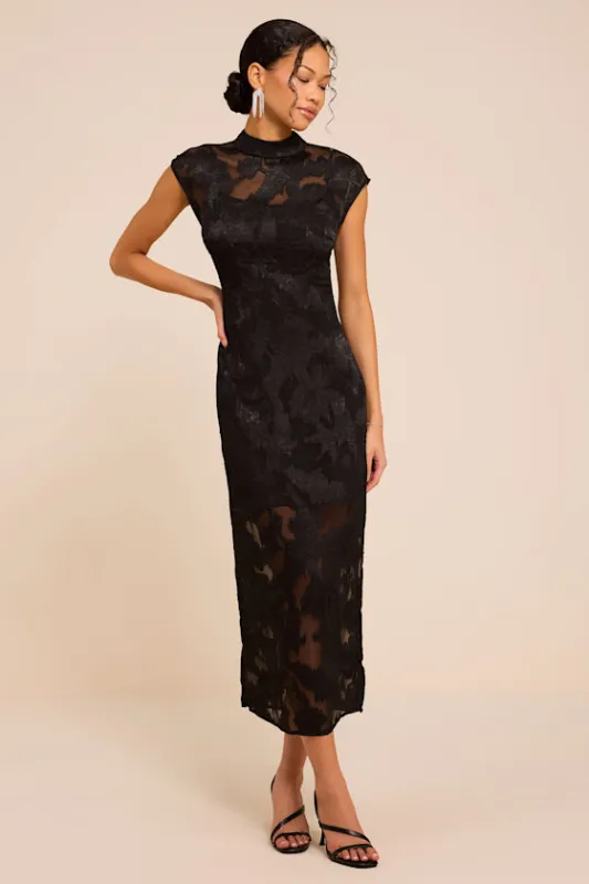Tensely Black Floral Jacquard Cap Sleeve Midi Dress made by Lulus