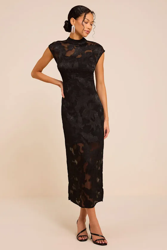 Tensely Black Floral Jacquard Cap Sleeve Midi Dress sold by Lulus