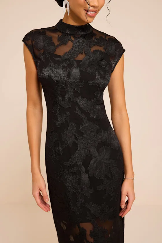 Tensely Black Floral Jacquard Cap Sleeve Midi Dress sold by Lulus product image thumbnail 2