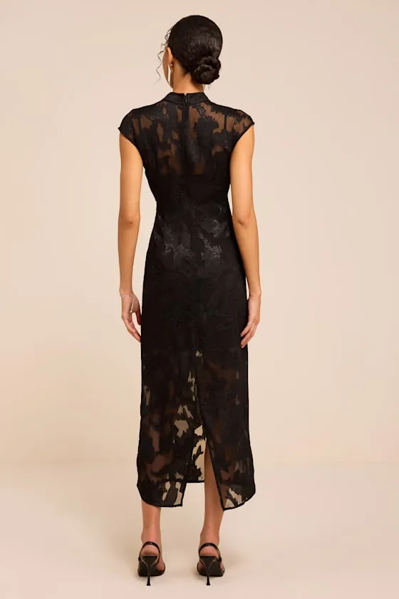 Tensely Black Floral Jacquard Cap Sleeve Midi Dress sold by Lulus product image thumbnail 3