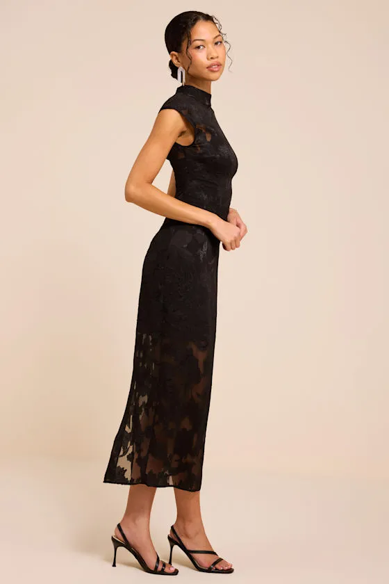 Tensely Black Floral Jacquard Cap Sleeve Midi Dress sold by Lulus product image thumbnail 4