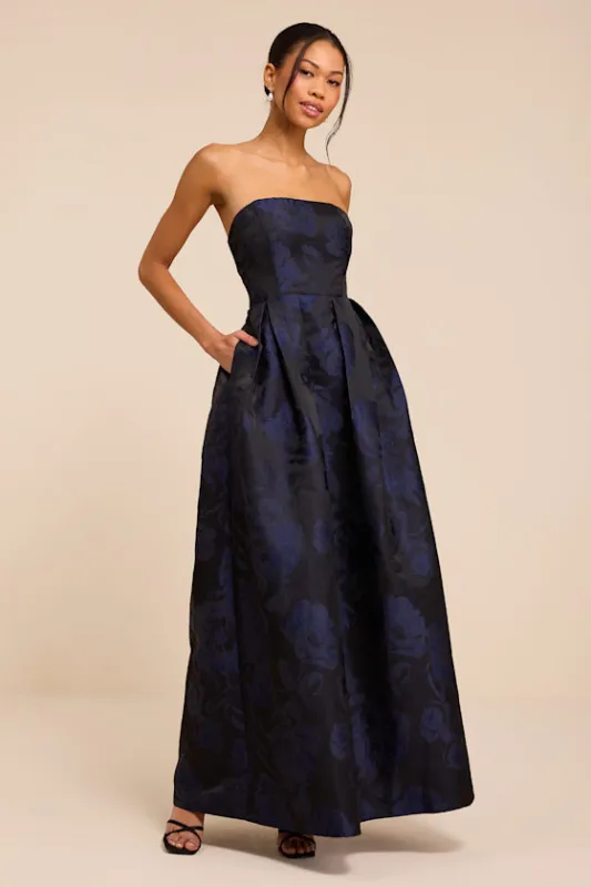 Laurelin Navy Floral Jacquard Pleated Strapless Maxi Dress made by Lulus