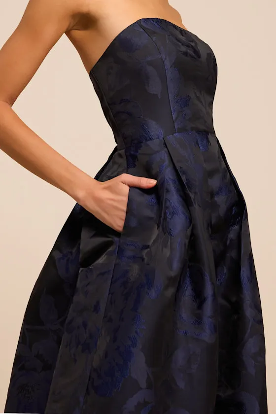 Laurelin Navy Floral Jacquard Pleated Strapless Maxi Dress sold by Lulus product image thumbnail 2
