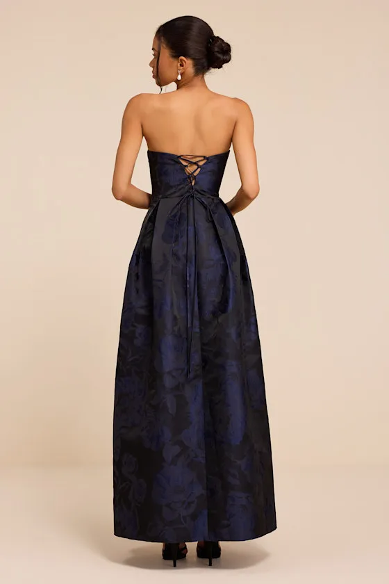 Laurelin Navy Floral Jacquard Pleated Strapless Maxi Dress sold by Lulus product image thumbnail 3