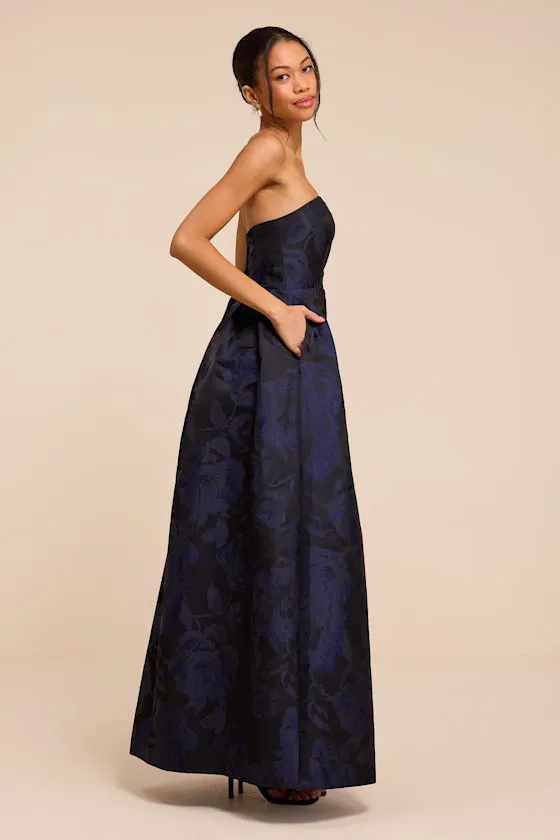 Laurelin Navy Floral Jacquard Pleated Strapless Maxi Dress sold by Lulus product image thumbnail 4