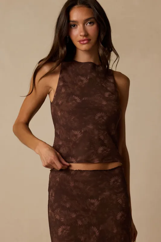 Myette Brown Floral Mesh Cowl Back Tank Top made by Lulus