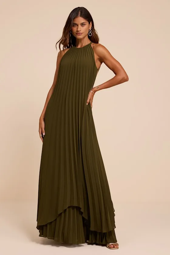 Dorala Olive Pleated Lace-Up Tiered Maxi Dress sold by Lulus