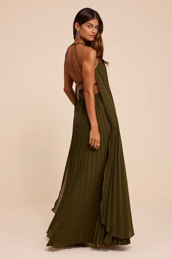 Dorala Olive Pleated Lace-Up Tiered Maxi Dress sold by Lulus product image thumbnail 3