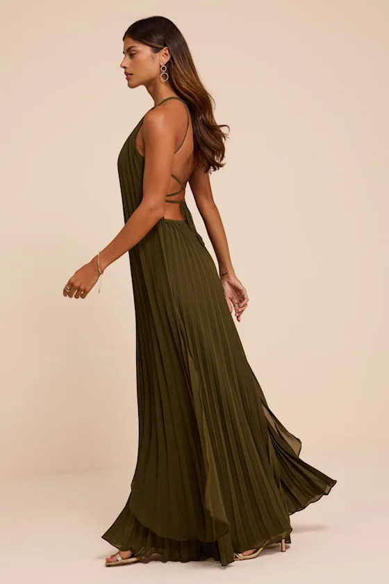 Dorala Olive Pleated Lace-Up Tiered Maxi Dress sold by Lulus product image thumbnail 4