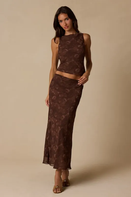 Myette Brown Floral Mesh Midi Skirt made by Lulus