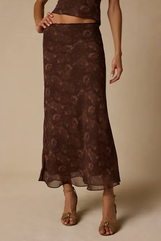 Myette Brown Floral Mesh Midi Skirt sold by Lulus product image thumbnail 2