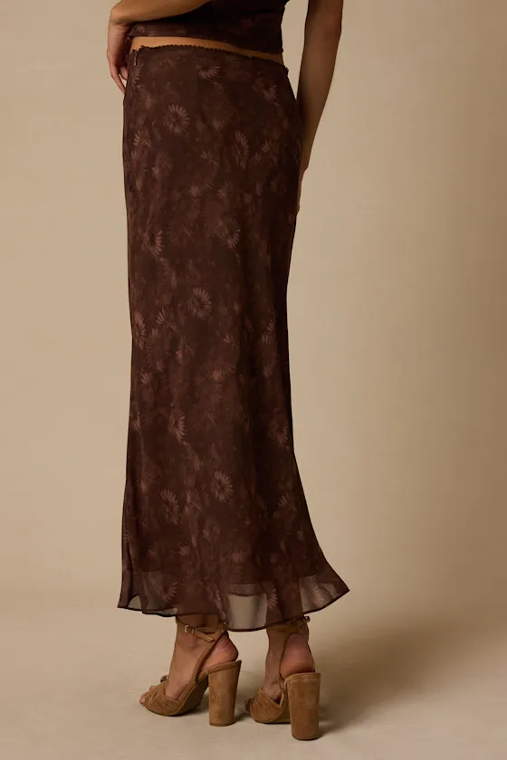 Myette Brown Floral Mesh Midi Skirt sold by Lulus product image thumbnail 3