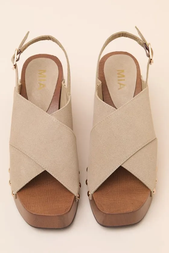 Eudora Sand Suede Wooden Platform Slingback Sandals sold by Lulus product image thumbnail 4