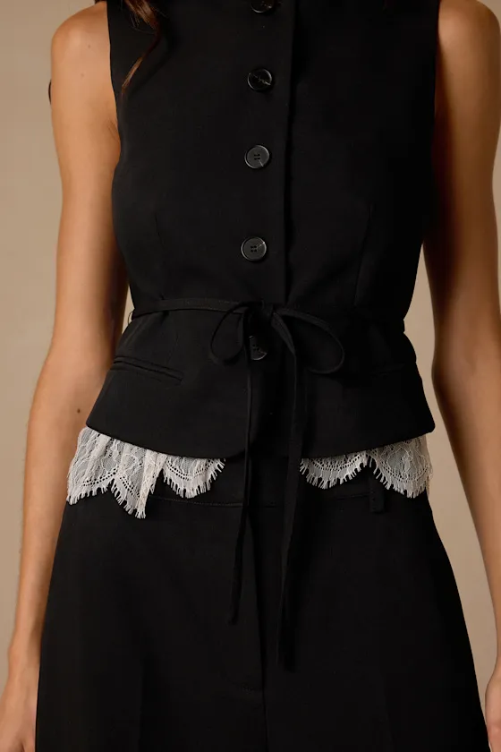 Vesper Black Button-Front Lace Vest Top sold by Lulus product image thumbnail 2
