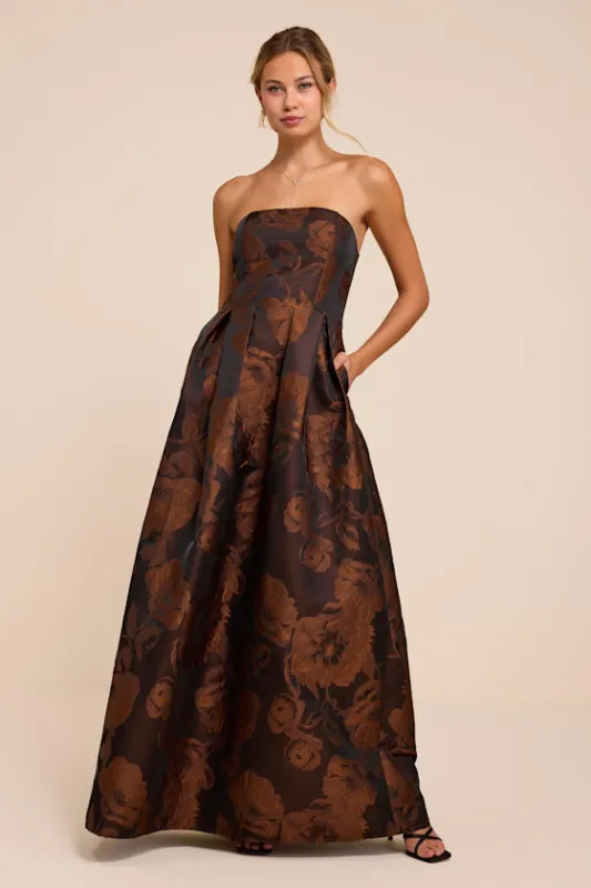 Laurelin Brown Floral Jacquard Pleated Strapless Maxi Dress made by Lulus