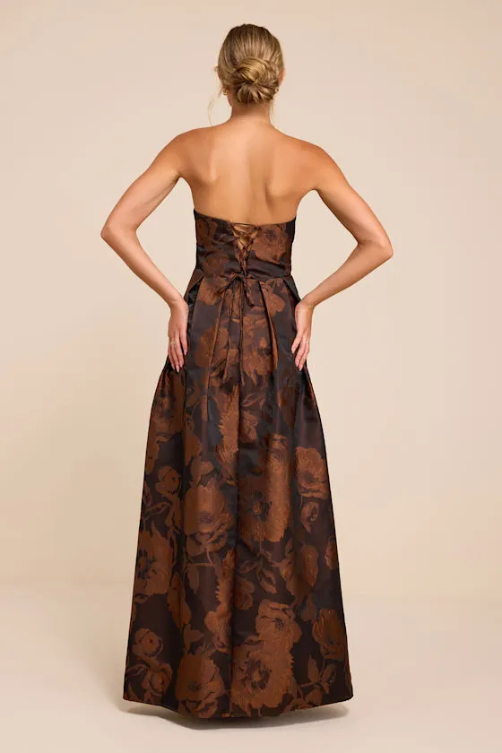 Laurelin Brown Floral Jacquard Pleated Strapless Maxi Dress sold by Lulus product image thumbnail 3