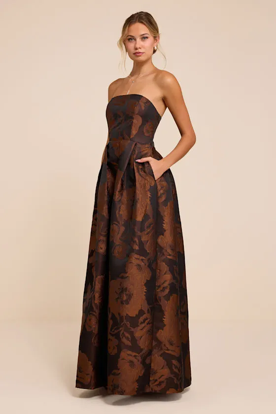 Laurelin Brown Floral Jacquard Pleated Strapless Maxi Dress sold by Lulus product image thumbnail 4