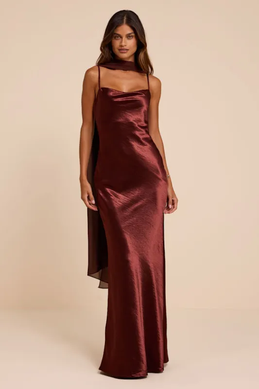 Daya Brown Satin Slip Maxi Dress and Scarf Set made by Lulus