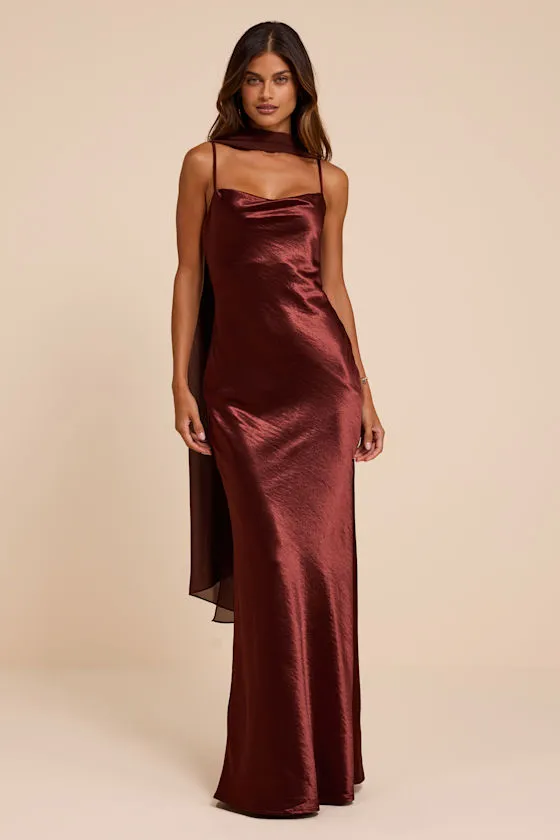 Daya Brown Satin Slip Maxi Dress and Scarf Set sold by Lulus