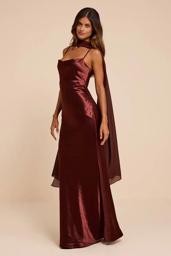 Daya Brown Satin Slip Maxi Dress and Scarf Set sold by Lulus product image thumbnail 4