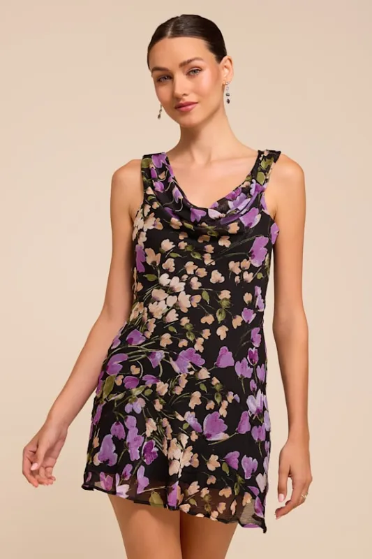 Odette Black Floral Cowl Neck Mini Dress made by Lulus